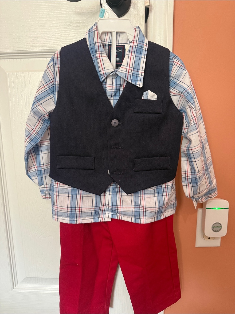 Toddler Plaid Shirt, Navy Vest & Red Pants Matching Set (worn once)